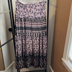 Chaps Boho Tiered Skirt; Navy blue, red, army green and black on buff